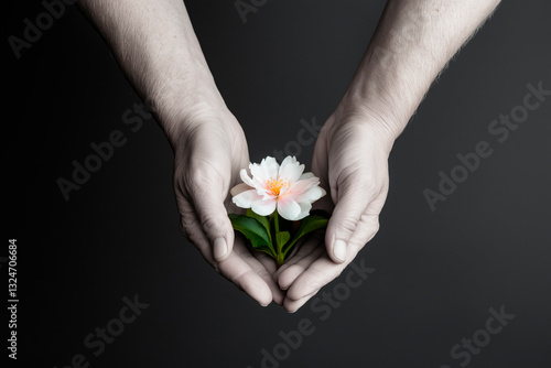 Close-up detail of two clasped hands holding a pure white flower, on a uniform black background, concept of respect and tolerance
