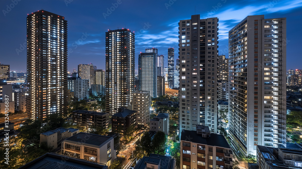 Fototapeta premium AI generator image of high-rise buildings, condominiums, offices in the middle of large cities There is traffic, transportation. safe 