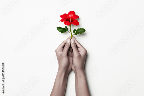 Close-up detail of two clasped hands holding a red flower, on a clear and uniform white background, concept of respect and tolerance