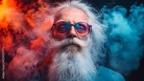 A Whimsical Eccentric Old Man Engulfed in Colorful Smoke Against a Dark Background