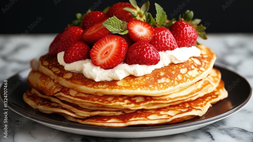 A mouthwatering stack of fluffy pancakes adorned with vibrant strawberries and a dollop of whipped cream, set against a light marble background showcasing indulgence. A mouthwatering stack of fluffy pancakes adorned with vibrant strawberries and a dollop of whipped cream, set against a light marble background showcasing indulgence.