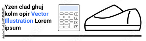 Calculator with buttons, abstract shoe, simple linework, and sample text. Ideal for finance, retail, education, minimalism, graphic design, technology, and marketing themes. Landing page