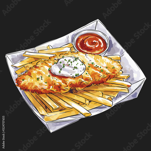Watercolor Illustration of Fish and Chips in a Paper Tray