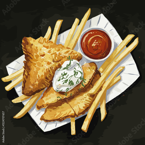 Watercolor Illustration of Fish and Chips in a Paper Tray