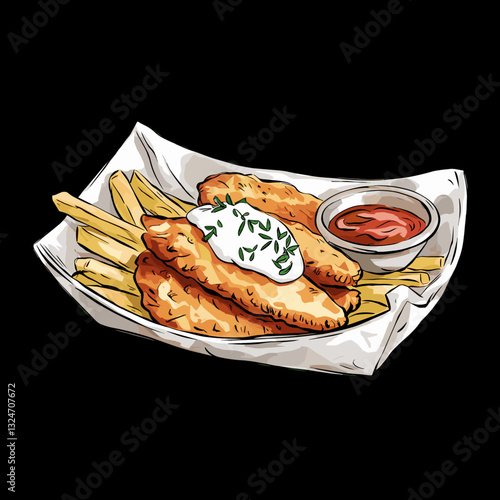 Watercolor Illustration of Fish and Chips in a Paper Tray