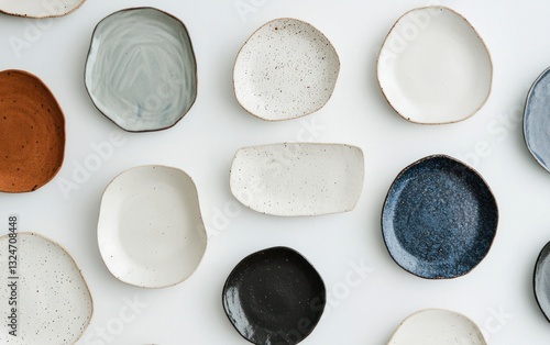 Artisanal Ceramic Dishes Collection: Irregular Shapes and Diverse Colors on White Background