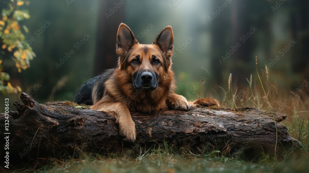 This serene image captures a stunning German Shepherd resting gracefully on a log in a lush green forest, highlighting its intelligence and beauty amidst nature. This serene image captures a stunning German Shepherd resting gracefully on a log in a lush green forest, highlighting its intelligence and beauty amidst nature.