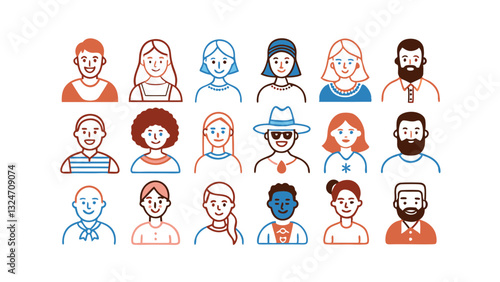 Diverse People Icons Flat Line Art Avatar Collection