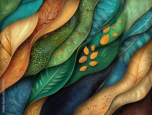 Explore vibrant digital art featuring Abstract autumn waves blending hand-drawn leaf patterns with warm gradients Discover captivating nature-inspired designs perfect for backgrounds, wallpapers, and