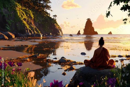 Find Inner Peace Meditative Figure Silhouetted Against a Golden Sunset on a Peaceful Coastline Embrace the Serenity of Warm Ocean Breeze and Tranquil Waves Discover Calmness as the Figure Meditates
