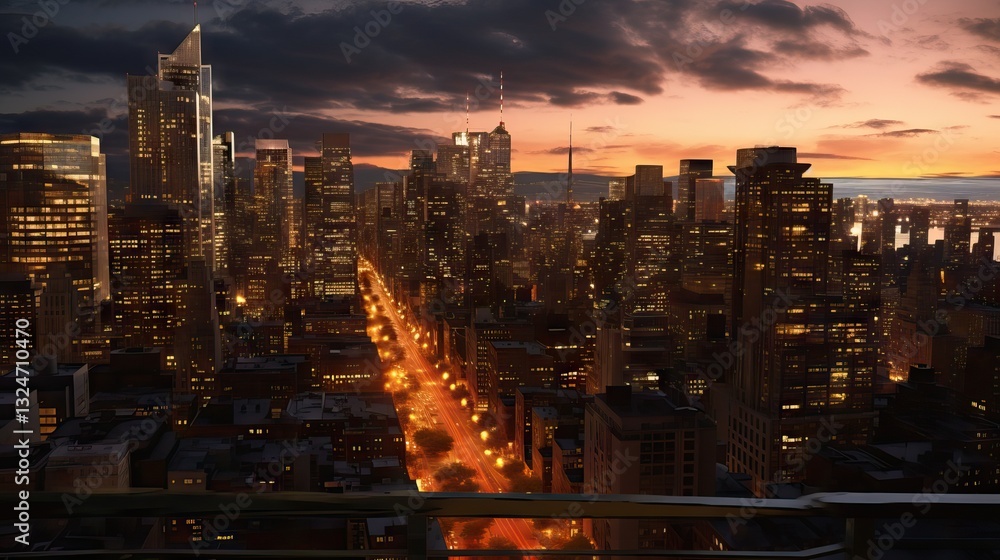 Obraz premium Aerial View of a City Skyline at Sunset