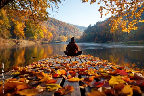 Find inner peace with this breathtaking scene A rustic wooden bridge gently arches over a calm river, creating a serene pathway for reflection A meditative figure sits peacefully in the middle