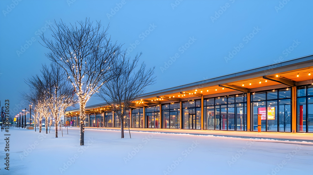 Snowy Winter Evening Scene Illuminated Modern Retail Shops Along Covered Pathway with Trees and Blue Sky Snowy Winter Evening Scene Illuminated Modern Retail Shops Along Covered Pathway with Trees and Blue Sky