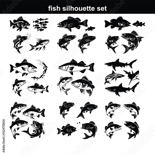Silhouette fish animal set, guess black shape of animal. Seafood meal, edible. Game for child. Fish icon set Set of salmon silhouette in line art style.Fish vector by hand drawing.Fish tattoo  fish si
