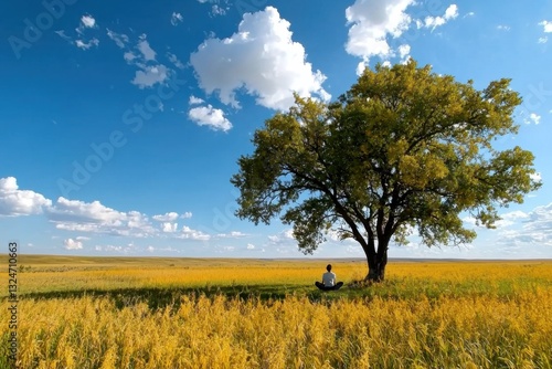 Find serenity in nature with this stunning image of A vast prairie landscape with a solitary tree, offering shade to a person meditating beneath it Experience the endless open sky above, a symbol of