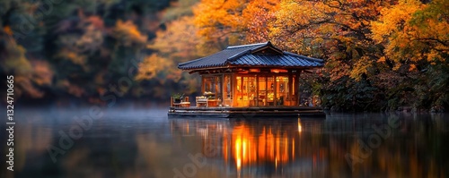 Find serenity and peace in this breathtaking landscape featuring a floating meditation hut on a calm lake, the gentle mist adding an ethereal quality to the scene Warm golden hues reflecting off the