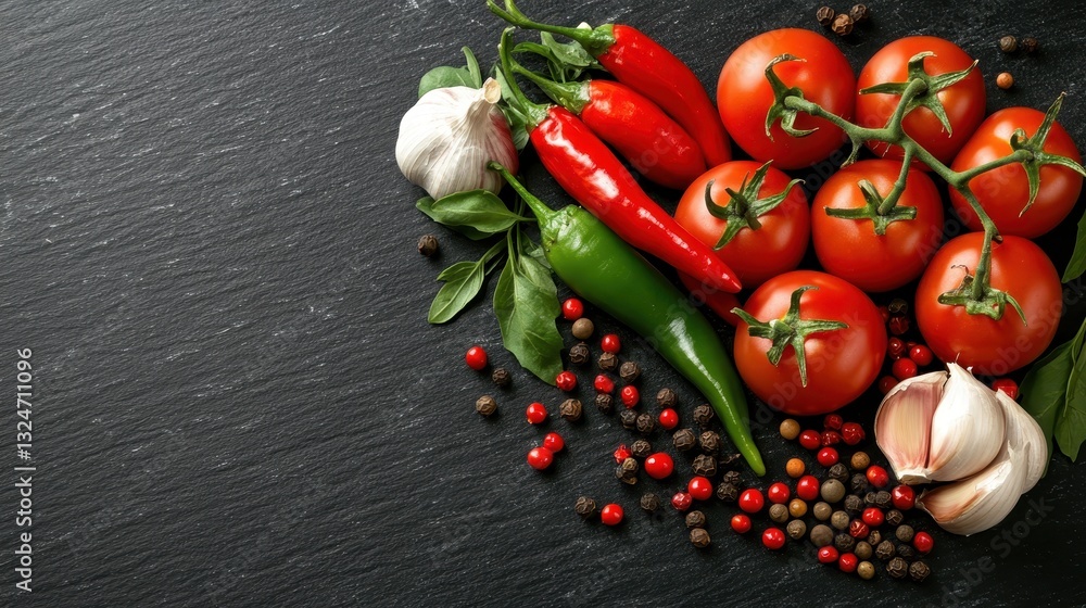 A vibrant arrangement of tomatoes, garlic, and chili peppers on a slate background offers a visual feast, celebrating the artistry of culinary creation with natural ingredients. A vibrant arrangement of tomatoes, garlic, and chili peppers on a slate background offers a visual feast, celebrating the artistry of culinary creation with natural ingredients.