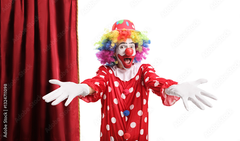 Clown making funny gesture in front of a red curtain Clown making funny gesture in front of a red curtain