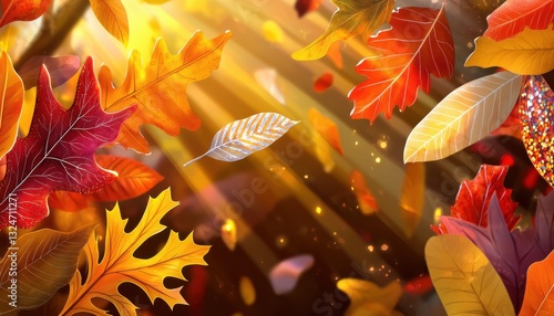 Immerse yourself in the beauty of autumn with this vibrant fall forest background, showcasing meticulously detailed hand-sketched maple and oak leaves in a symphony of warm hues Capture the essence
