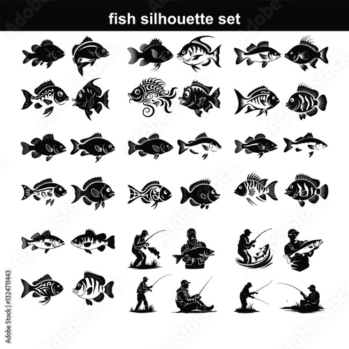 Silhouette fish animal set, guess black shape of animal. Seafood meal, edible. Game for child. Fish icon set Set of salmon silhouette in line art style.Fish vector by hand drawing.Fish tattoo  fish si