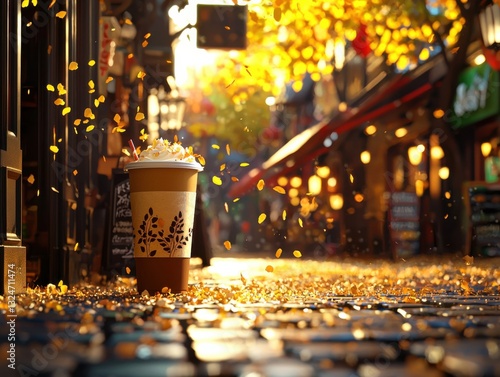 Immerse yourself in the cozy autumn coffee shop ambiance, where golden foliage cascades around hand-sketched depictions of steaming warm drinks Experience the charm of fall with rustic scenes