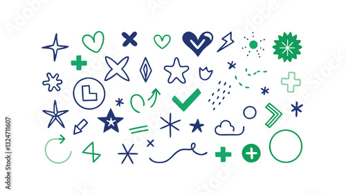 Hand drawn Icons Symbols, Shapes, Stars, Hearts, and Checkmarks