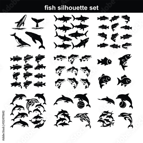 Silhouette fish animal set, guess black shape of animal. Seafood meal, edible. Game for child. Fish icon set Set of salmon silhouette in line art style.Fish vector by hand drawing.Fish tattoo  fish si