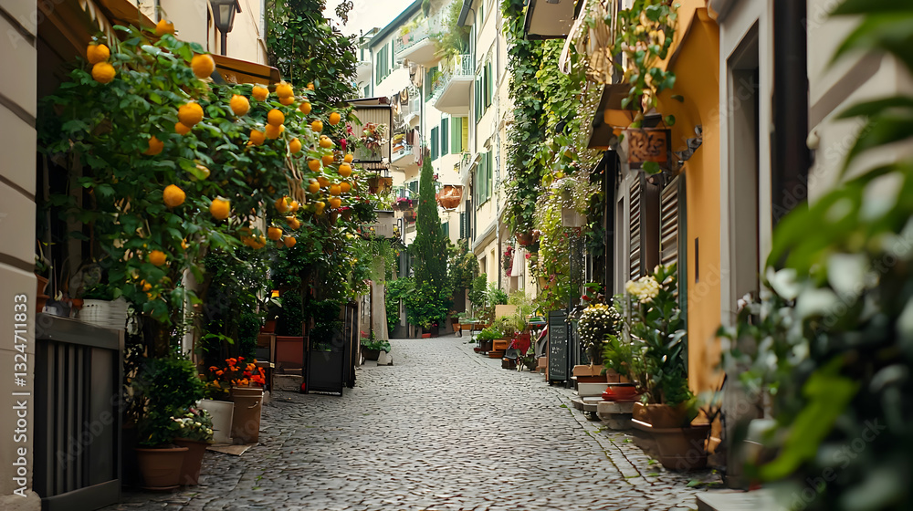 Fototapeta premium Charming European Street Scene with Cobblestone Road Lined by Buildings with Green Vines and Orange Citrus Trees in Sunny Daylight