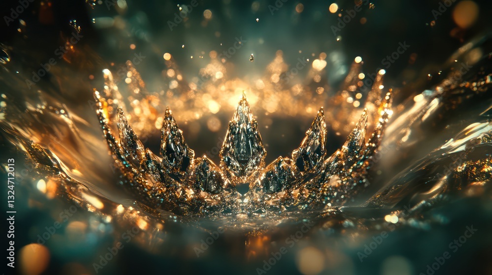 A golden jeweled crown sparkles beautifully in swirling reflective water