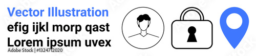 User profile icon, security lock, and location pin represent personal data protection and privacy. Ideal for security apps, user accounts, identity verification, privacy policies, data encryption