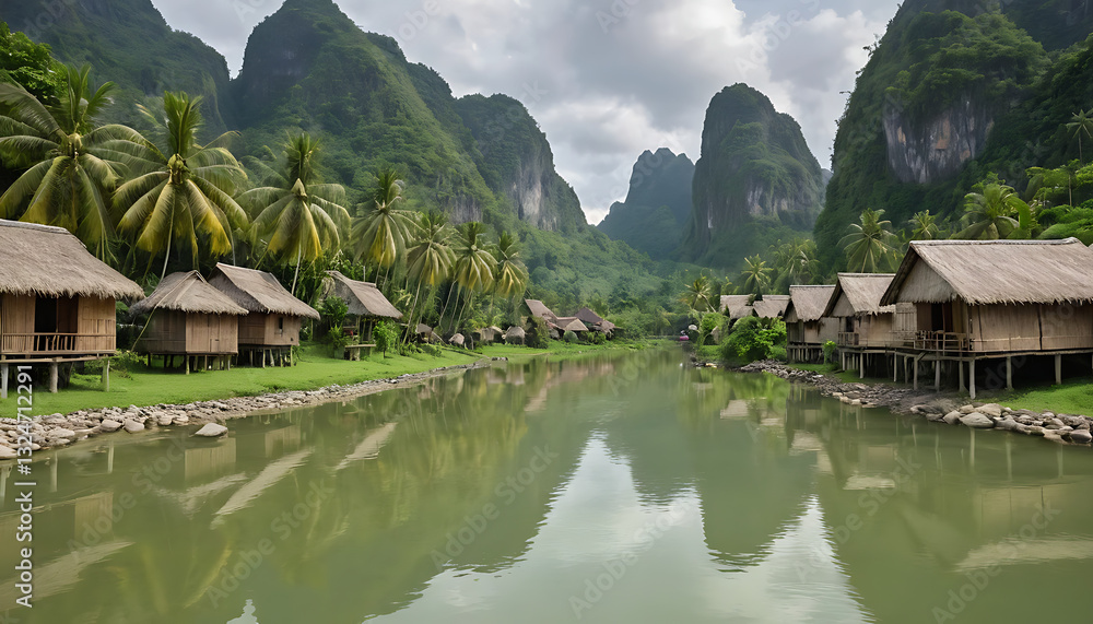 Fototapeta premium Serene Riverside Village with Thatched Huts and Lush Green Mountains