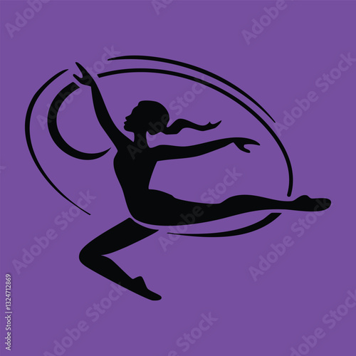 Graceful gymnast silhouette leaps, encircled by a dynamic ribbon-like swirl