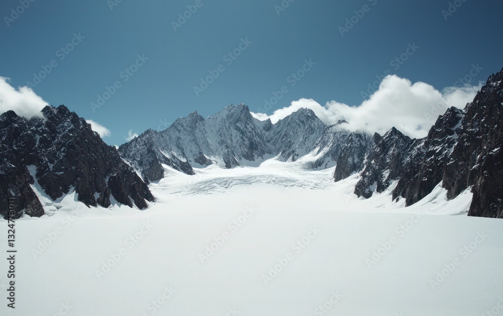 Naklejka premium Snow Covered Glacier and Dark Mountains Under a Clear Blue Sky