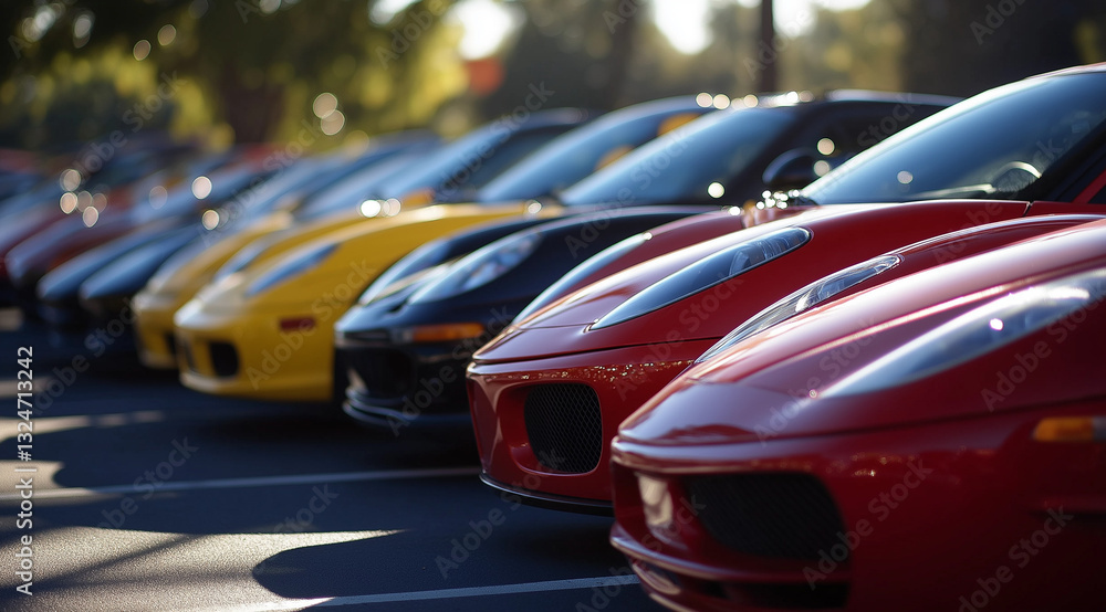 Fototapeta premium Row of Cars in a Parking Lot with a Standout Bright Red Vehicle – High-Resolution Automotive Photography for Advertising and Sales Promotion