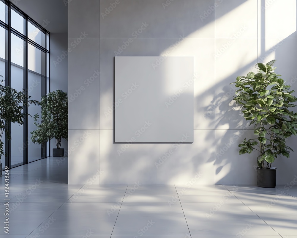 Blank canvas on tiled wall in modern empty room with light tiles 3D Rendering