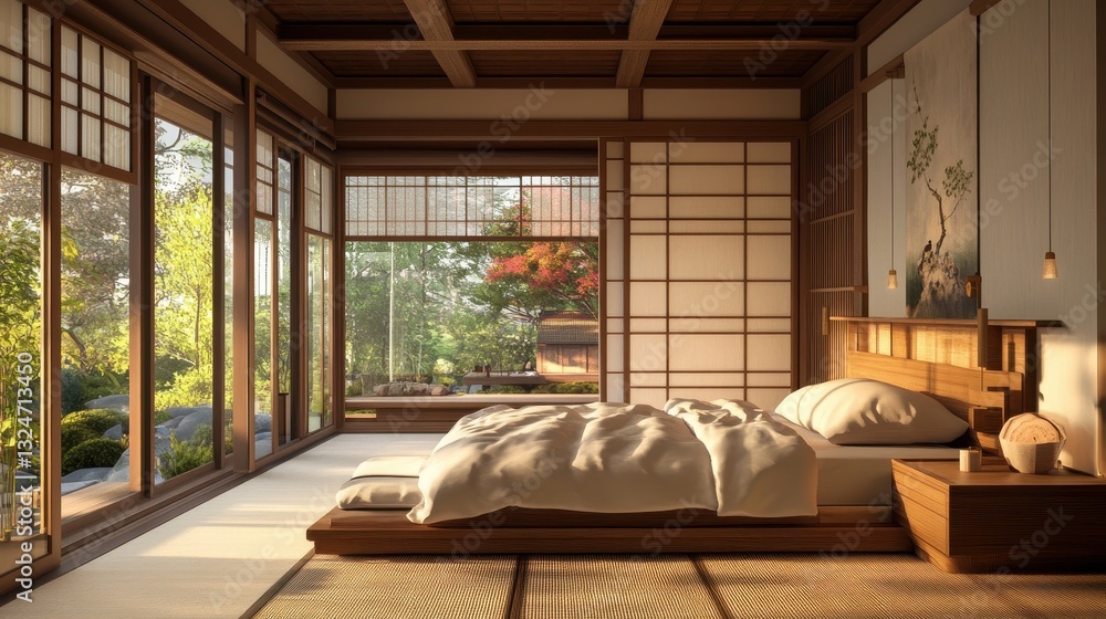 A serene and spacious bedroom with an outdoor natural view A serene and spacious bedroom with an outdoor natural view
