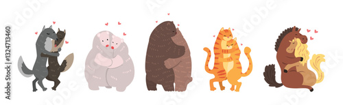 Animal Couple in Love Embrace and Hug Vector Set