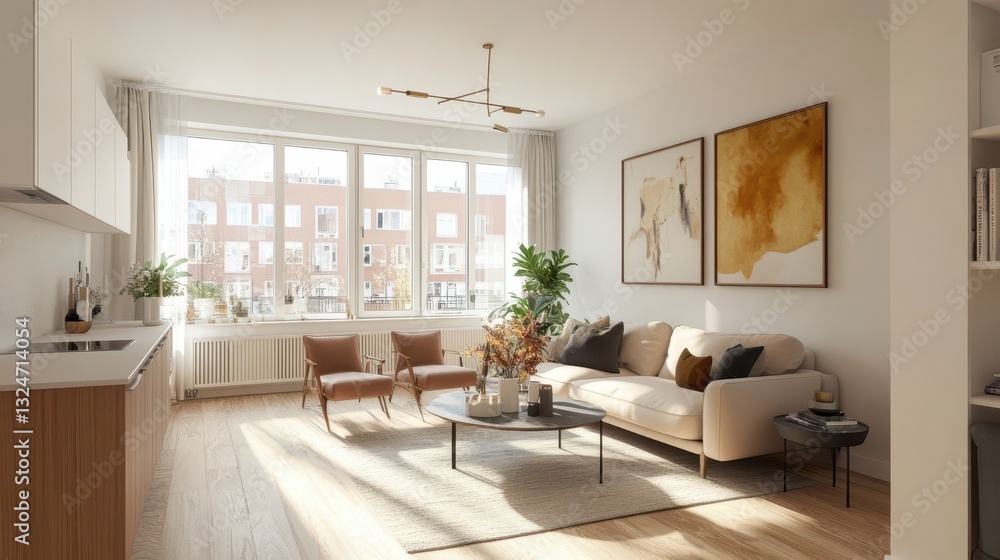 Interior view showing a living room with natural light and furniture Interior view showing a living room with natural light and furniture