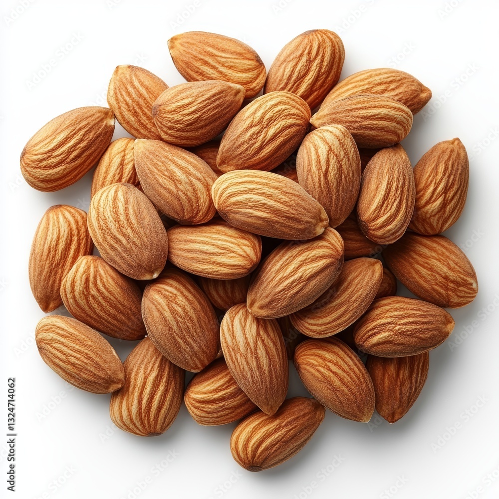 Almonds arranged in a pile on a white background, top view Almonds arranged in a pile on a white background, top view