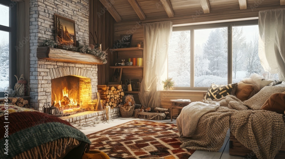 A cozy living room scene with a fireplace and snowy view A cozy living room scene with a fireplace and snowy view