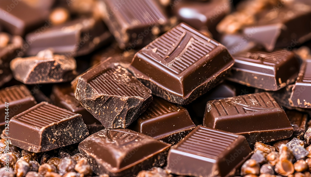 Dark chocolate pieces scattered Dark chocolate pieces scattered