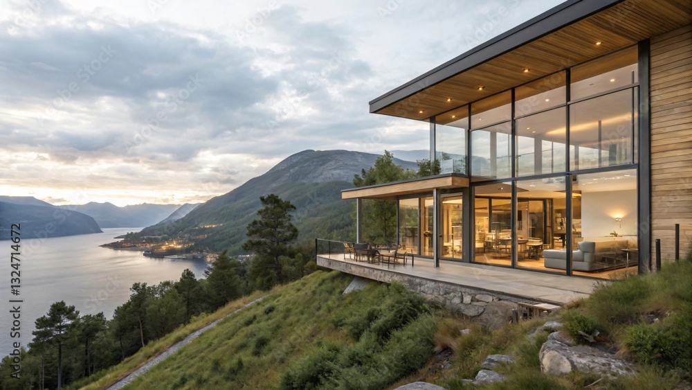Modern Wooden Hillside House: Fjord/Lake Views, Twilight/Dawn Setting, Minimalist Design, Natural Living with Panoramic Mountain Landscape. Modern Wooden Hillside House: Fjord/Lake Views, Twilight/Dawn Setting, Minimalist Design, Natural Living with Panoramic Mountain Landscape.