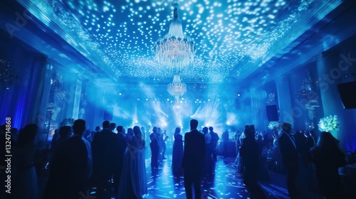 People socializing and celebrating at a fancy blue lit event