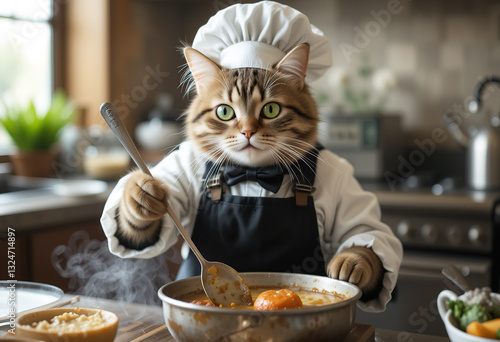 
Cat chef, dressed as a professional chef cooking in the kitchen. Generative AI