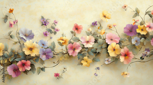 Soft cream background with pastel flowers and airy green leaves. Peaceful, dreamy atmosphere, subtle elegance, and high-detail floral elements. Ultra-realistic, soft lighting.