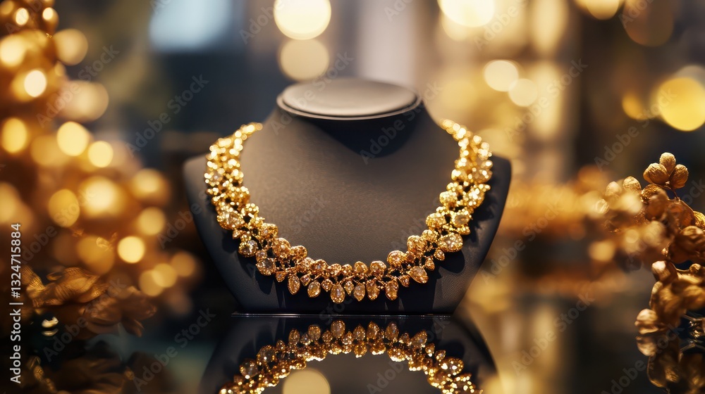 A stunning golden necklace displayed on a black mannequin head A stunning golden necklace displayed on a black mannequin head