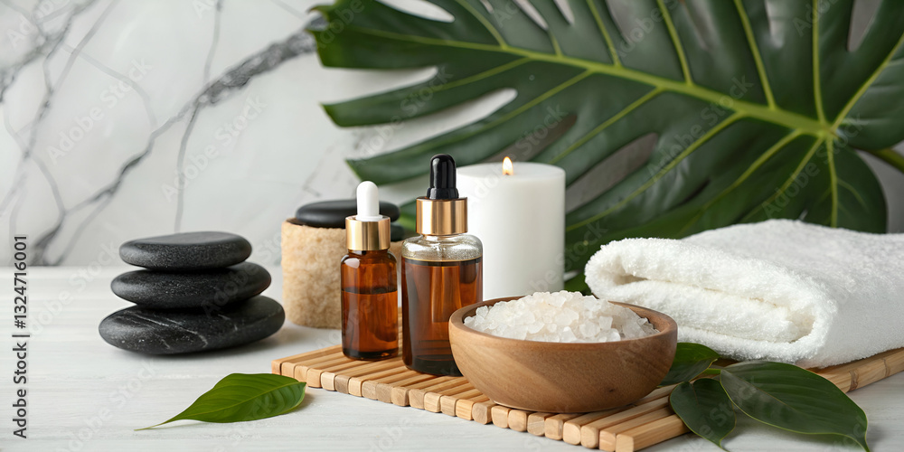 Serenity and Relaxation: Aromatherapy Oils, Candles, and Spa Elements on a Natural Background with Leaves and Stones for Home Wellness Spaces