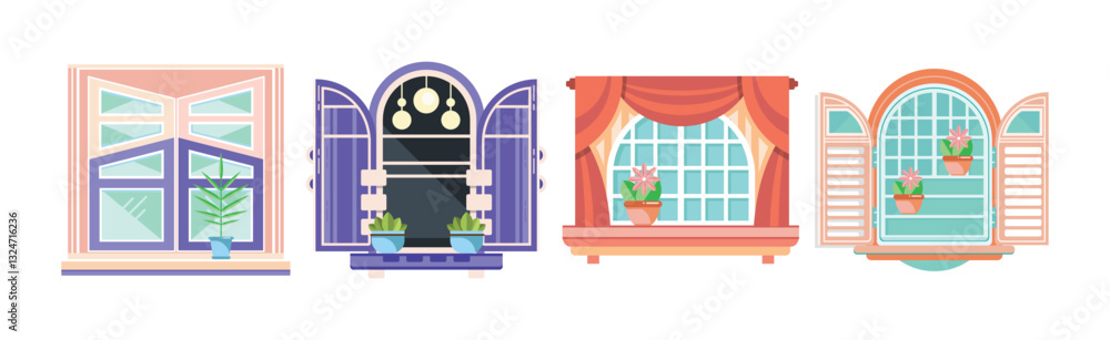 Fototapeta premium Colorful Open Window with Shutters and Houseplant Vector Set