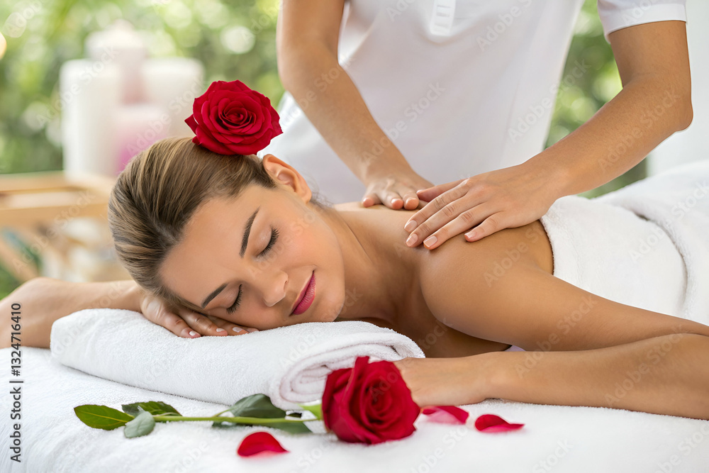 Serene Spa Treatment with Woman Enjoying Relaxation Surrounded by Rose Petals and Soft Lighting in Tranquil Environment