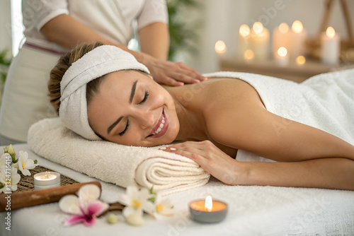 Obraz na płótnie Relaxing Spa Experience with Woman Receiving Massage in Tranquil Atmosphere Surrounded by Candles and Beautiful Flowers w salonie
